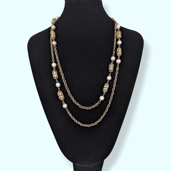 Vintage Sarah Cov Faux Pearl Rope Chain Necklace - Picture 2 of 5